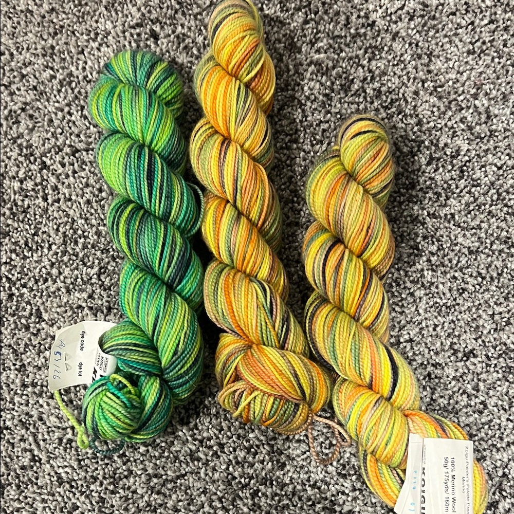 koigu Hand-Dyed Yarn Trio in Green and Yellow-Orange Variegation Made in Canada